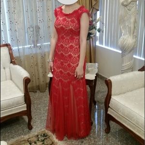 Red and nude lace dress